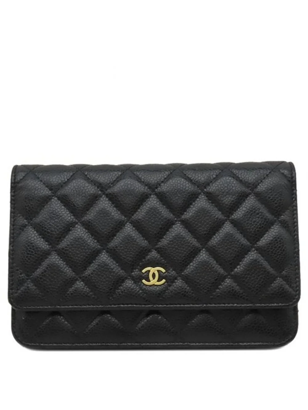Chanel Chain Wallet Quilted Shoulder Caviar Leather Black Gold